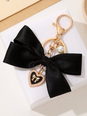 3/$35 NWT Black Satin Ribbon Bow Keychain Pearl Heart Charm Bag Accessory